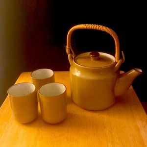 Brown Ceramic Teapot with three teacups